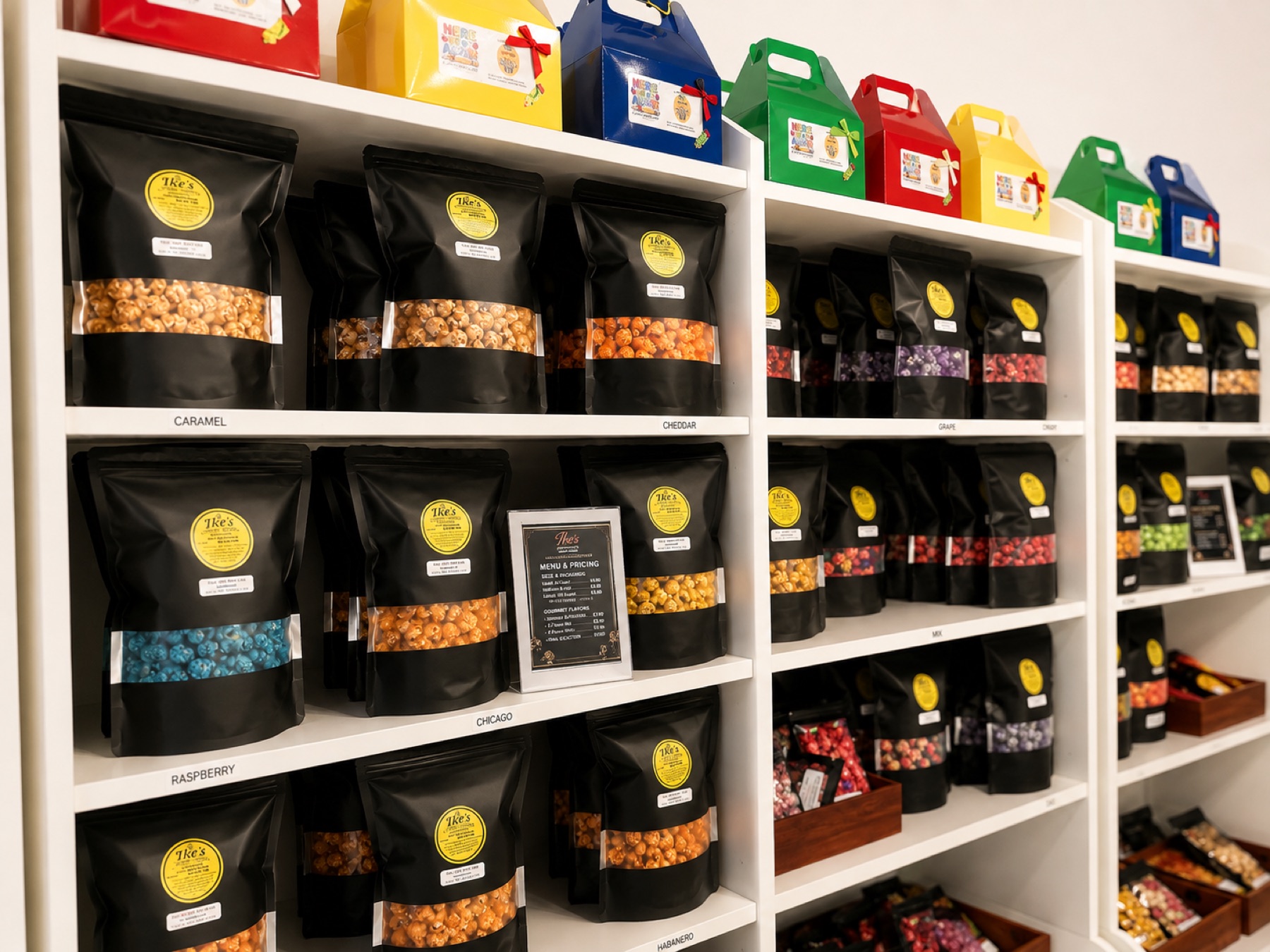 Wall of shelves with Ike's Gourmet Popcorn bags labeled by flavor — caramel, cheddar, grape, cherry, raspberry, and more — gourmet popcorn for the Rio Grande Valley